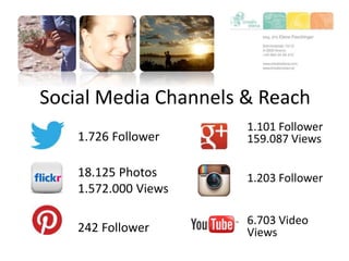 Social Media Channels & Reach
1.726 Follower
18.125 Photos
1.572.000 Views
242 Follower
1.101 Follower
159.087 Views
1.203 Follower
6.703 Video
Views
 