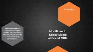 Innovación:




  Retroalimentación:
  excelente medio para
conocer los comentarios
                            Modiﬁcando
de la empresa o la marca   Social Media
   e intervenir cuando
      sea necesario.       al Social CRM
 