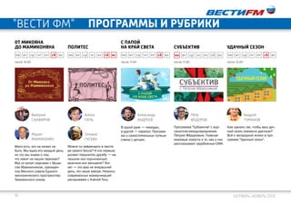 16 октябрь-ноябрь 2015
после 12:00
Андрей
Туманов
Удачный сезон
Как сделать так, чтобы ваш дач-
ный сезон оказался удачным?
Всё о загородной жизни в про-
грамме "Удачный сезон".
пн вт ср чт пт сб вс
после 17:00
Программа "Субъектив" с жур-
налистом-международником
Петром Фёдоровым. Главные
мировые новости и то, как о них
рассказывают зарубежные СМИ.
Субъектив
В одной руке — чемодан,
в другой — карапуз. Програм-
ма о самостоятельных путеше-
ствиях с детьми.
С папой
на край света
пн вт ср чт пт сб вс
Политес
после 11:00
Можно ли зафрендить в твитте-
ре своего босса? И кто первым
должен предлагать дружбу — на-
чальник или подчиненный,
мужчина или женщина? Эти-
кет — это вам не вчерашний
день, это наше завтра. Нюансы
современных коммуникаций
раскрываем с Аленой Гиль.
пн вт ср чт пт сб вс пн вт ср чт пт сб вс пн вт ср чт пт сб вс
От Микояна
до Мамиконяна
после 14:00
Мясо есть, его не может не
быть. Мы едим его каждый день,
но что мы знаем о том,
что лежит на наших тарелках?
Мух от котлет отделяем с Муше-
гом Мамиконяном, президен-
том Мясного совета Единого
экономического пространства
Таможенного союза.
Валерий
Санфиров
Алена
Гиль
Мушег
Мамиконян
Татьяна
гусева
Александр
Андреев
Пётр
Фёдоров
"ВЕСТИ ФМ" программы и рубрики
 