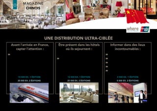Distribution of the 50,000 copies annually
Capture the attention of your clients
before they arrive in France
China Eastern Airlines: Shanghai
to Paris flights, magazine is
hand-delivered to 1st
& Business Class
Travellers
Be present in the hotels
where they stay
HOTEL SELECTION: +190 hotels
welcoming Chinese guests in Paris
and the Greater Paris region (China
UnionPay list + Where list, p4)
Inform tourists in places
they frequent
- Paris Tourist Office (OTCP)
- Chinese Embassy
- Chinese Culture Center
- Travel Agencies
- Chinese Banks
first class distribution
20,000 copies (two editions) 25,000 copies (two editions) 5,000 copies (two editions)
10,000 copies (one edition) 12,500 copies (one edition) 2,500 copies (one edition)
China Tourism Agency
Agence Sino-Europeenne
Aiguemarine
Ansel (2 points)
Au Tour du Monde
Chinaco
Eap International
Eurasia
Europa Holiday Travel
France Chine Tour
Agence Mandarin Voyages
Orient Travel Center France
Panda Voyage
Via Chine Voyages
incoming agencies
latin america Edition
where®
Paris2
3
where®
Paris
Groupe where : 35 rue des Mathurins, 75008 Paris | Tel: 01 43 12 56 56 | Fax: 01 43 12 56 57 | www.whereparis.paris | paris@wheremagazine.com
chinese Edition
 