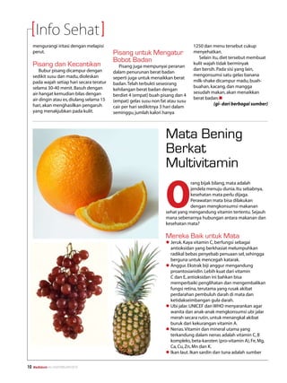 Info Sehat
     mengurangi iritasi dengan melapisi                                              1250 dan menu tersebut cukup
     perut.                                  Pisang untuk Mengatur                   menyehatkan.
                                                                                        Selain itu, diet tersebut membuat
                                             Bobot Badan
     Pisang dan Kecantikan                      Pisang juga mempunyai peranan
                                                                                     kulit wajah tidak berminyak
         Bubur pisang dicampur dengan                                                dan bersih. Pada sisi yang lain,
                                             dalam penurunan berat badan
     sedikit susu dan madu, dioleskan                                                mengonsumsi satu gelas banana
                                             seperti juga untuk menaikkan berat
     pada wajah setiap hari secara teratur                                           milk-shake dicampur madu, buah-
                                             badan. Telah terbukti seseorang
     selama 30-40 menit. Basuh dengan                                                buahan, kacang, dan mangga
                                             kehilangan berat badan dengan
     air hangat kemudian bilas dengan                                                sesudah makan, akan menaikkan
                                             berdiet 4 (empat) buah pisang dan 4
     air dingin atau es, diulang selama 15                                           berat badan.n
                                             (empat) gelas susu non fat atau susu
     hari, akan menghasilkan pengaruh                                                           (gi- dari berbagai sumber)
                                             cair per hari sedikitnya 3 hari dalam
     yang menakjubkan pada kulit.            seminggu, jumlah kalori hanya




                                                                       Mata Bening
                                                                       Berkat
                                                                       Multivitamin

                                                                       O
                                                                                  rang bijak bilang, mata adalah
                                                                                  jendela menuju dunia. Itu sebabnya,
                                                                                  kesehatan mata perlu dijaga.
                                                                                  Perawatan mata bisa dilakukan
                                                                                  dengan mengkonsumsi makanan
                                                                       sehat yang mengandung vitamin tertentu. Sejauh
                                                                       mana sebenarnya hubungan antara makanan dan
                                                                       kesehatan mata?

                                                                       Mereka Baik untuk Mata
                                                                       l	Jeruk. Kaya vitamin C, berfungsi sebagai
                                                                         antioksidan yang berkhasiat melumpuhkan
                                                                         radikal bebas penyebab penuaan sel, sehingga
                                                                         berguna untuk mencegah katarak.
                                                                       l	Anggur. Ekstrak biji anggur mengandung
                                                                         proantosianidin. Lebih kuat dari vitamin
                                                                         C dan E, antioksidan ini bahkan bisa
                                                                         memperbaiki penglihatan dan mengembalikan
                                                                         fungsi retina, terutama yang rusak akibat
                                                                         perdarahan pembuluh darah di mata dan
                                                                         ketidakseimbangan gula darah.
                                                                       l	Ubi jalar. UNICEF dan WHO menyarankan agar
                                                                         wanita dan anak-anak mengkonsumsi ubi jalar
                                                                         merah secara rutin, untuk menangkal akibat
                                                                         buruk dari kekurangan vitamin A.
                                                                       l	Nenas. Vitamin dan mineral utama yang
                                                                         terkandung dalam nenas adalah vitamin C, B
                                                                         kompleks, beta-karoten (pro-vitamin A), Fe, Mg,
                                                                         Ca, Cu, Zn, Mn dan K.
                                                                       l	Ikan laut. Ikan sardin dan tuna adalah sumber


10   Mediakom No.XXII/FEBRUARI/2010
 