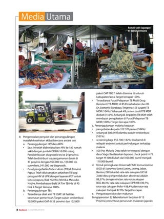 Media Utama
                                                                                              Rumah sakit lapangan
                                                                                              di daerah bencana




                                                                    paket OAT FDC 1 telah diterima di seluruh
                                                                    kabupaten/kota. Target tercapai 100%.
                                                                •	 Tersedianya Pusat Pelayanan TB Multi Drug
                                                                    Resistant (TB-MDR) di RS Persahabatan dan RS
                                                                    Dr. Soetomo Surabaya. Terjaring 156 suspek TB
                                                                    MDR (104%). Sebanyak 49 pasien positif TB MDR
                                                                    diobati (159%). Sebanyak 30 pasien TB MDR telah
                                                                    mendapat pengobatan di Pusat Pelayanan TB
                                                                    MDR (100%). Target tercapai 100%.
                                                                c. Penanggulangan malaria: kegiatan
                                                                •	 pengobatan kepada 312.321pasien (104%)
                                                                •	 sebanyak 506.649 kelambu sudah terdistribusi
     3)	 Pengendalian penyakit dan penanggulangan                   (101%)
         masalah kesehatan akibat bencana antara lain           •	 screening bagi 155.700 (142%) ibu hamil di
         a.	 Penanggulangan HIV dan AIDS:                           wilayah endemis untuk perlindungan terhadap
         •	 Saat ini telah didistribusikan ARV ke 180 rumah         malaria
             sakit dengan jumlah ODHA 16.096 orang.             •	 500 Pos Malaria Desa telah terintegrasi dengan
             Pendistribusian diagnostik tes ke 24 provinsi.         desa Siaga. Berdasarkan laporan check point H-75
             Telah terdistribusi tes pengamanan darah di            target H-100 diubah dari 450.000 bumil menjadi
             33 provinsi dengan 950.000 tes, 100.000 tes            110.000 bumil.
             surveilens, 341.000 tes diagnostik.                d.	 Untuk peningkatan Universal Child Immunization
         •	 Pusat pengobatan Tuberculosis (TB) di Provinsi          (UCI) di 5 provinsi Jawa (Jatim, Jateng, Jabar,
             Papua. Telah dilaksanakan pelatihan TB bagi            Banten, DKI Jakarta) rata-rata cakupan UCI di
             petugas HIV di UPK dengan layanan VCT untuk            2.080 desa yang melakukan akselerasi adalah
             kota Jayapura, Biak Numfor, Mimika, Merauke,           88,57%, dengan rincian: rata-rata cakupan
             Nabire. Pembahasan draft SK Tim TB-HIV di RS           BCG 88,3%; rata-rata cakupan DPT/HB3 89,7%;
             Dok 2. Target tercapai 100%.                           rata-rata cakupan Polio 4 88,4%; dan rata-rata
         b.	 Penanggulangan TB :                                    cakupan Campak 87.9%. Target tercapai.
         •	 Tersedianya obat anti TB (OAT) di fasilitas         e.	 Pengawasan obat dan makanan
             kesehatan pemerintah. Target sudah terdistribusi   Pengoperasian 22 laboratorium berjalan di 13
             102.000 paket OAT di 33 provinsi dan 102.000           Provinsi, prosentase penurunan makanan jajanan


18   Mediakom No.XXII/FEBRUARI/2010
 