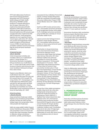 FETP, telah dilaksanakan Konferensi
Internasional Jejaring Kesehatan
Masyarakat atau FETP/Training of
Epidemiology and Public Health
Networking (TEPHINET) di Bali.
Konferensi ini dihadiri 600 peserta
dari 30 negara. Pada tahun 2011,
implementasi International Health
Regulations (IHR) 2005 di Indonesia,
diperkuat dengan dibentuknya Komisi
Nasional Implementasi IHR yang bertugas
mengkoordinasikan implementasi IHR
2005 di Indonesia. Untuk penguatan
kapasitas inti (core capacities) di pintu
masuk negara, pada tahun 2011 dimulai
mini simulasi penanggulangan Public
Health Emergency of International
Concern (PHEIC) di tujuh lokasi dan
pendidikan pelatihan karantina kesehatan
bagi 40 orang staf kantor kesehatan
pelabuhan.
Pemantauan
Arus Mudik
Untuk mengurangi morbiditas dan
mortalitas selama arus mudik lebaran
pada H-7 sampai dengan H+7,
Kementerian Kesehatan menyiagakan
630 pos kesehatan arus mudik lebaran
dan 171 rumah sakit di jalur utama mudik,
terutama di daerah rawan kemacetan dan
rawan kecelakaan bekerjasama dengan
lintas sektor terkait.
Kegiatan yang dilakukan selama arus
mudik lebaran tahun 2011, jumlah
kematian dapat diturunkan 9% yaitu dari
853 orang di tahun 2010 menjadi 799
orang di tahun 2011. Kesiapsiagaan arus
mudik tidak hanya dilaksanakan pada
saat Idul Fitri tapi juga pada saat Natal
dan Tahun Baru setiap tahun. Upaya
penyediaan pos kesehatan arus mudik
dimaksudkan untuk mendukung Decade of
Action for Road Safety 2011-2020
Penyehatan
Lingkungan
Upaya penyehatan lingkungan adalah
kegiatan yang mendukung pengendalian
penyakit menular dan tidak menular,
sebagai bagian dari pengendalian faktor
risiko penyakit dan lingkungan.
Salah satu upaya adalah melalui Program
Sanitasi Total Berbasis Masyarakat (STBM),
yaitu penyediaan sarana air minum dan
sanitasi dasar bagi masyarakat. Kegiatan
ini dilakukan dengan pendekatan
perubahan perilaku, pemberdayaan
masyarakat di desa melibatkan Pemerintah
Daerah, Lembaga Swadaya Masyarakat
(LSM) dan masyarakat. Kumulatif jumlah
desa yang melaksanakan Program STBM
sampai Oktober tahun 2011 adalah 5.886
desa.
Hasil Survei BPS triwulan pertama tahun
2011, menunjukkan persentase penduduk
yang menggunakan jamban sehat adalah
55,2%. Sedangkan persentase penduduk
yang memiliki akses terhadap air minum
berkualitas adalah 43,4%.
Laporan provinsi dan berbagai tinstansi
kesehatan sampai dengan Oktober
2011 menunjukkan bahwa persentase
kualitas air minum yang memenuhi syarat
kesehatan adalah 87%.
Keberhasilan ini dicapai berkat kerja
sama antara Kementerian Kesehatan,
Kementerian Pekerjaan Umum,
Kementerian Dalam Negeri dan berbagai
sektor lainnya. Pada tahun 2012 akan
dilakukan replikasi dan perluasan
penyediaan air minum dan sanitasi
berbasis masyarakat di 140 desa pada
28 kabupaten di 10 provinsi. Telah
dilaksanakan pula proyek percontohan
10 Pasar Sehat di 9 provinsi. Pasar
percontohan tersebut yaitu (1) Pasar
Ibuh, Kota Payakumbuh; (2) Pasar Bunder,
Kabupaten Sragen; (3) Pasar Gianyar,
Kabupaten Gianyar; (4) Pasar Podosugih,
Kota Pekalongan; (5) Pasar Cibubur, Kota
Jakarta; (6) Pasar Argosari, Kabupaten
Gunung Kidul; (7) Pasar Madyopuro,
Kota Malang; (8) Pasar Rawa Indah, Kota
Bontang; (9) Pasar Margorejo, Kota Metro
Lampung; dan (10) Pasar Pengesangan,
Kota Mataram.
Konsep Pasar Sehat adalah peningkatan
perilaku hidup bersih dan sehat para
pedagang dan pengunjung pasar
tradisional. Proyek percontohan ini
berlangsung 3 tahun (2009-2011).
Replikasi Pasar Sehat di daerah lain akan
dilakukan tahun 2012. Kementerian
Kesehatan juga mendorong Gerakan
Nasional Bersih Negeriku yang merupakan
amanat Presiden RI. Dengan gerakan
ini seluruh komponen bangsa diajak
melakukan tindakan nyata mewujudkan
hidup bersih dan sehat. Di lingkungan
Kementerian Kesehatan gerakan ini
dilaksanakan di rumah sakit, kantor-kantor
dan unit pelaksana teknis di seluruh
Indonesia.
• Mushola Sehat
Bentuk lain pemberdayaan masyarakat
yang berbasis kesehatan adalah melalui
program Mushola Sehat yaitu kegiatan
masyarakat untuk memperbaiki tempat
berwudhu dan sanitasi mushola yang
dilaksanakan secara mandiri dengan
bantuan dana stimulan dari pemerintah
sebesar 5-15 juta rupiah per mushola.
Kementerian Kesehatan telah memberikan
bantuan program Mushola Sehat secara
berturut-turut tahun 2009 sebanyak
154 mushola, tahun 2010 sebanyak 26
mushola dan tahun 2011 sebanyak 29
mushola.
• Kota Sehat
Peningkatan derajat kesehatan masyarakat
perlu didukung oleh tatanan kota yang
bersih dan sehat. kabupaten/kota sehat
adalah suatu kondisi kabupaten/kota
yang bersih, nyaman, aman dan sehat
untuk dihuni penduduk yang dicapai
melalui terselenggaranya penerapan
tatanan dengan kegiatan yang
terintegrasi. Penyelenggaraan kabupaten/
kota sehat merupakan pendekatan
terpadu, menyeluruh, lintas sektor
berbasis masyarakat dengan melibatkan
masyarakat sebagai pelaku utama.
Selain itu dilaksanakan operasionalisasi
pembangunan berkelanjutan, berbasis
pembangunan berwawasan lingkungan
dan pembangunan berwawasan
kesehatan seperti yang diatur dalam
peraturan Bersama Menteri Dalam Negeri
dan Menteri Kesehatan. Sampai tahun
2011 ada 267 kabupaten/kota (56%)
yang tersebar di 28 provinsi yang telah
melaksanakan pendekatan kabupaten/
kota sehat.
5. PEMBERDAYAAN
MASYARAKAT UNTUK
HIDUP SEHAT
Pada tahun 2010 Kementerian Kesehatan
bersama Kementerian Dalam Negeri
telah meluncurkan Pedoman Umum
Pengembangan Desa dan Kelurahan Siaga
Aktif.
Pada tahun 2010, peningkatan perilaku
sehat di masyarakat telah mencapai
50,1% rumah tangga. Upaya untuk
meningkatkan kemandirian masyarakat
dilakukan melalui pengembangan desa
EDISI 34 I FEBRUARI I 2012 MEDIAKOM48
 