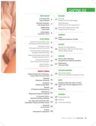 INFO SEHAT
4 Trik Tetap oke
Selama Bekerja
Merawat Kesehatan
Kulit dengan Buah
Setelah Sehat
Pasti Cantik
Kembangkan
Kreativitas si Kecil
STOP PRESS
Gerakan Pramuka Mitra untuk
Membangun Bidang Kesehatan
Kemenkes Usung
10 Program Prioritas Tahun 2012
Kemenkes Raih Penghargaan
Anugerah Pahita Eka Praya
Menkes Instruksikan Rumah Sakit
Tambah Kapasitas Kelas III
Wamenkes Resmikan
Desa Stop Bab Sembarangan
Jabar Terapkan
Ktp Berasuransi
MEDIA UTAMA
Angka Kematian Ibu di Indonesia:
lampu Merah di lima Provinsi
Menelisik
Pelayanan Jampersal
Jampersal
di Mata Tenaga Bidan
Bersalin
di Puskesmas Mergangsang
RSUD Bantul
Menyambut Program Jampersal
Dr. Sarminto; M.Kes:
Jampersal Sebaiknya Dibatasi
Drg. Maya Sintowati Pandji, MM:
Menjadikan Puskesmas Pilihan Utama
Jampersal
di Jawa Barat
Prawito:
Nasionalisme Jampersal?
DAFTAR ISI
6 31
32
34
38
42
67
58
68
69
70
71
7
8
9
10
10
11
12
14
15
16
18
20
22
24
26
28
30
RAGAM
Satu lagi
Korban Flu Burung Meninggal
Tetap Waspada
Meski Kasus Flu Burung Menurun
Kemenkes Siapkan Rumah Sakit
Tangani Kasus Flu Burung
DAERAH
Potret
Pelayanan Kesehatan di Kaltim
POTRET
Menkes Dr Endang Rahayu
Sedyaningsih, MPH, Dr, PH: Kita Harus
Bekerja dengan Bersih
KOLOM
Menuju Iklan Kesehatan
yang Sehat dan Tidak Menyesatkan
Keterbukaan
Informasi Publik
LIPUTAN DAERAH
Kalimantan Tengah:
Memenuhi Hak Sehat di Belantara Tropis
INFO
Mediakom Raih Silver Winer The Best
Government Inhouse Magazine Inma
2011
Media Kuis
LENTERA
Pengendalian Diri
Kembali
Untuk Apa Hutang?
EDISI 34 I FEBRUARI I 2012 MEDIAKOM 5
 