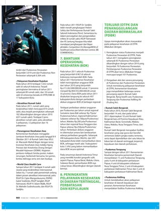 terdiri dari Puskesmas Perawatan
berjumlah 3.019 unit dan Puskesmas Non
Perawatan sebanyak 6.304 unit.
• Pelayanan Kesehatan Rujukan
Pada tahun 2010 terdapat 1.632 rumah
sakit di seluruh Indonesia. Terjadi
peningkatan bermakna di tahun 2011
sebanyak 89 rumah sakit, dan 18 rumah
sakit di antaranya berada di DTPK/DBK di
17 kabupaten/kota.
• Akreditasi Rumah Sakit
Pada tahun 2011, rumah sakit yang
terakreditasi telah mencapai 819 rumah
sakit, atau terjadi peningkatan sebanyak
182 dibandingkan dengan tahun 2010
(637 rumah sakit). Terdapat 3 jenis
akreditasi rumah sakit, yaitu akreditasi
5 pelayanan, 12 pelayanan dan 16
pelayanan.
• Penanganan Kesehatan Jiwa
Kementerian Kesehatan menggelar
Jambore Kesehatan Jiwa pada tanggal 8-9
Oktober 2011 di Rumah Sakit Jiwa (RSJ)
dr. Marzoeki Mahdi Bogor dengan tema
Investasi Kesehatan Jiwa melalui Ajang
Prestasi dan Kreativitas Orang Dengan
Masalah Kejiwaan (ODMK). Kegiatan
jambore meliputi: lomba poster, malam
renungan, berkemah bersama, fun games,
lomba olahraga serta seni dan budaya.
• World Class Health Care
Sampai tahun 2011 terdapat 4 rumah sakit
swasta yang terakreditasi internasional.
Selain itu, 7 rumah sakit pemerintah sedang
dalam proses akreditasi internasional, yaitu
RSUP Dr. Cipto Mangunkusumo, RSPAD
Gatot Soebroto, RSUP Sanglah, RSUP
Fatmawati, RSUP H. Adam Malik, RSUP
Dr. Wahidin Sudirohusodo, dan RSUP Dr.
Sardjito.
terluar (dtpk dan
penanggulangan
daerah bermasalah
(pdbk)
Upaya meningkatkan akses masyarakat
pada pelayanan kesehatan di DTPK
dilakukan dengan:
1.	Peningkatan status Puskesmas menjadi
Puskesmas Perawatan di DTPK. Pada
tahun 2011 mengalami peningkatan
sebanyak 83 Puskesmas Perawatan
dibandingkan dengan tahun 2010 yang
berjumlah 76 Puskesmas Perawatan.
Pembangunan Puskesmas Perawatan
di DTPK akan terus dilakukan hingga
mencapai target 101 Puskesmas.
2.	Pengadaan alat dan sarana penunjang
di Puskesmas dan Puskesmas Perawatan.
Untuk mendukung pelayanan kesehatan
di DTPK, Kementerian Kesehatan
juga menyediakan beberapa sarana
penunjang seperti: Rumah Sakit
Bergerak, flying health care, Puskesmas
Terapung dan Puskesmas Keliling Air
(Pusling Air).
• Rumah Sakit Bergerak
Pada tahun 2010, Rumah Sakit Bergerak
berjumlah 14 unit, dan pada tahun
2011 dipersiapkan 10 unit Rumah Sakit
Bergerak baru di Provinsi Kepulauan Riau,
Kalimantan Barat, Gorontalo, Maluku
Utara, Maluku, Nusa Tenggara Timur, dan
Papua.
Rumah Sakit Bergerak merupakan fasilitas
kesehatan yang siap guna dan bersifat
sementara dalam jangka waktu tertentu;
serta dapat dipindahkan dari satu lokasi ke
lokasi lain di daerah tertinggal, terpencil,
kepulauan dan daerah perbatasan.
• Puskemas Terapung
Sampai dengan tahun 2011 Kementerian
Kesehatan bersama pemerintah Daerah
menyediakan 15 unit Puskesmas Terapung,
yaitu 4 unit di kabupaten perbatasan
Papua, 4 unit di kabupaten erbatasan
Nusa Tenggara Timur, 2 unit di kabupaten
perbatasan Kalimantan Timur dan 5 unit di
kabupaten perbatasan Kalimantan Barat.
• Puskesmas Keliling
Untuk mendekatkan akses pelayanan
kesehatan di daerah kepulauan dan
perairan, Kementerian Kesehatan
menyediakan fasilitas Puskesmas Keliling
Pada tahun 2011 RSUP Dr. Sardjito
telah meraih penghargaan Patient
Safety dari Perhimpunan Rumah Sakit
Seluruh Indonesia (Persi). Sementara itu
dalam pencegahan dan pengendalian
infeksi di rumah sakit, RSUP Fatmawati
dan RS Jantung Harapan Kita telah
mendapat penghargaan dari Bayer
pErdalin: Competition On ManageMENt of
healthcare asSociAted infection controL (BE
COMMENSAL).
7. BANTUAN
OPERASIONAL
KESEHATAN (BOK)
Pada tahun 2011 seluruh Puskesmas
yang berjumlah 8.967 di seluruh
Indonesia memperoleh BOK. Pada
tahun 2011 Kementerian Kesehatan
telah meningkatkan anggaran BOK
dari tahun 2010 yang berjumlah
Rp.215.262.000.000,00 untuk 17 provinsi
menjadi Rp.904.555.000.000,00 untuk
33 provinsi. Dana BOK pada tahun 2011
disalurkan langsung ke seluruh 497
kabupaten/kota dengan perbedaan
alokasi anggaran BOK di berbagai regional.
Terdapat perbedaan alokasi anggaran
per Puskesmas per tahun untuk regional
Sumatera Jawa-Bali sebesar Rp.75juta/
Puskesmas/tahun, regional Kalimantan-
Sulawesi sebesar Rp.100juta/Puskesmas/
tahun, Maluku Rp.200 juta/Puskesmas/
tahun dan regional Nusa Tenggara dan
Papua sebesar Rp.250juta/Puskesmas/
tahun. Perbedaan alokasi anggaran
ini ditentukan antara lain berdasarkan
adanya perbedaan geografis. Sebanyak
490 kabupaten/kota (98,6%), dari 497
kabupaten/kota telah memanfaatkan dana
BOK, sehingga masih ada 7 kabupaten/
kota (1,4%) yang belum memanfaatkan
dana BOK secara optimal.
Pada umumnya daerah Indonesia Timur
yang memiliki kondisi geografis sulit,
seperti Papua, Papua Barat, Maluku Utara,
Sulawesi Barat; pemanfaatan BOK-nya
cukup besar, dibandingkan dengan daerah
lainnya.
8. peningkatan
pelayanan kesehatan
di daerah tertinggal,
perbatasan
dan kepulauan
EDISI 34 I FEBRUARI I 2012 MEDIAKOM50
 