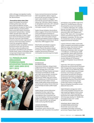 online sehingga meningkatkan kualitas
pelayanan publik di bidang kefarmasian
dan alat kesehatan.
• Kemandirian Bahan Baku Obat
Upaya menciptakan kemandirian
di bidang bahan baku obat dan
obat tradisional dilakukan dengan
memberdayakan keragaman hayati yang
dimiliki Indonesia, terutama bahan-
bahan yang telah diyakini khasiatnya
berdasarkan hasil penelitian. Hasilnya
adalah sejumlah bahan baku obat
yang dapat diproduksi di dalam negeri
guna memenuhi kebutuhan produksi
obat jadi, antara lain Fraksi Bioaktif
Cinamomumburmanidan Lagerstroemia
speciosa untuk menurunkan resistensi
insulin dan pengobatan diabetes,
pengobatan kanker, pengobatan sindroma
pramenstrual dan nyeri menstruasi,
dan fraksi Lumbricusrubellusuntuk
pengobatan aterosklerosis dan perbaikan
sirkulasi darah. Upaya ini diharapkan dapat
mengurangi ketergantungan Indonesia
terhadap bahan baku impor.
12. pengelolaan
anggaran
pembangunan
kesehatan tahun 2006
2007 2008 2009 2010
2011 2012
Secara nominal, Kementerian Kesehatan
telah meningkatkan alokasi anggaran
preventif dan promotif dengan konsisten
sejak 2 tahun terakhir ini. Anggaran
preventif dan promotif pada tahun 2010
sebesar Rp.12,08 triliun, alokasi anggaran
ini ditingkatkan pada tahun 2011 menjadi
Rp.13,46 triliun dan pada tahun 2012
meningkat menjadi 14,34 triliun.
Sejalan dengan kebijakan desentralisasi,
alokasi anggaran Kementerian Kesehatan
untuk pembangunan kesehatan di
daerah mendapat perhatian Kementerian
Kesehatan. Hal ini ditunjukkan dengan
terjadinya peningkatan proporsi anggaran
untuk pembangunan kesehatan di daerah.
Pada tahun 2009 anggaran untuk
Keberhasilan pemanfaatan anggaran
pembangunan kesehatan di Pusat
maupun Daerah ditunjukkan dengan
tercapainya realisasi anggaran. Realisasi
anggaran Kementerian Kesehatan
menunjukkan kecenderunganmeningkat.
13. reformasi
birokrasi
Keterbukaan
Informasi Publik
Kementerian Kesehatan sebagai badan
publik berkomitmen menjalankan amanat
UU KIP, sehingga tahun 2010 telah
dilaksanakan berbagai kegiatan persiapan
menyambut pemberlakuan UU KIP,
yaitu salah satunya dengan membentuk
Pejabat Pengelola dan Informasi dan
Dokumentasi (PPID). Pada tahun kedua
(2011) pelaksanaan UU KIP, Kementerian
Kesehatan termasuk dalam 10 besar
badan publik paling terbuka berdasarkan
monitoring dan evaluasi Komisi Informasi
Pusat terhadap 82 badan publik tingkat
pusat.
Sejalan dengan tuntutan kebutuhan
masyarakat tersebut, sejak tahun
2010 Kementerian Kesehatan telah
meningkatkan akses masyarakat dan
untuk mendapatkan informasi pengaduan
melalui Pusat Tanggap dan Respon Cepat
(PTRC), Pojok Informasi, dan berbagai
media sosial yang dikembangkan.
LAYANAN INFORMASI
& PENGADUAN ALAMAT
Pemanfaatan sarana informasi dan
pengaduan oleh masyarakat menunjukkan
peningkatan yang signifikan sejak 2010.
Selama 2011 jumlah layanan informasi
dan pengaduan yang masuk sebanyak
1.171 layanan. Pada tahun 2011 jumlah
layanan meningkat 288 layanan (32,6%)
bila dibandingkan dengan kurun waktu
yang sama tahun 2010. Adapun jenis
layanan PTRC selama 2011 menunjukkan
proporsi permohonan informasi 79%,
pengaduan masyarakat 19% dan sisanya
2% memberikan saran dan perbaikan
kepada Kementerian Kesehatan.
Layanan informasi melalui sosial media
twitter mengalami penambahan pengikut
(followers) yang cukup banyak. Sampai
tahun 2011 followers untuk twitter
Kementerian Kesehatan telah mencapai
3.162 followers. Jumlah layanan publik
yang diberikan selama April–Desember
2010 tercatat sebanyak 22.150 layanan,
sementara jumlah layanan tahun 2011
tercatat sebanyak 30.730 layanan.
b. Layanan Pengadaan Secara Elektronik
(LPSE)
Sejak tahun 2010 seluruh pengadaan
barang dan jasa di Kementerian Kesehatan
telah menggunakan layanan pengadaan
barang dan jasa secara elektronik melalui
website: www.lpse.depkes.go.id. Dengan
komitmen mem-bangun pengadaan
yang terbuka, bersaing dan transparan,
Kementerian Kesehatan mendapatkan
penghargaan dari Lembaga Kebijakan
Pengadaan Barang/Jasa Pemerintah (LKPP)
untuk kategori kementerian dengan
jumlah pagu terbesar menggunakan
layanan pengadaan barang/jasa secara
elektronik tahun 2010.
Sejak ditetapkan penggunaan sistem
LPSE untuk pengadaan barang dan jasa,
telah terjadi peningkatan efisiensi yang
cukup bermakna. Efisiensi pengadaan
barang dan jasa melalui LPSE pada tahun
2010 mencapai nilai Rp.191.194.895.478,-
meningkat di tahun 2011 senilai
Rp.398.295.472.085,-
Penataan (Right Sizing) PNS
di Kementerian Kesehatan.
Pemerintah secara resmi telah
menetapkan penundaan sementara
penerimaan Pegawai Negeri Sipil (PNS)
EDISI 34 I FEBRUARI I 2012 MEDIAKOM 53
 