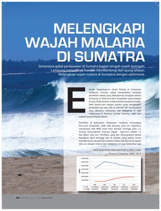 Sementara geliat perlawanan di Sumatra bagian tengah masih terengah,
Lampung nampaknya hendak membentengi dari ujung selatan.
Melengkapi wajah malaria di Sumatera dengan optimisme.
MELENGKAPI
WAJAH MALARIA
DI SUMATRA
TREN DANA APBD DAN BANTUAN GLOBAL FUND
Provinsi Lampung, 2008 - 2012
Endah Setyaningrum, dosen Biologi di Universitas
Lampung, antusias sekali mengisahkan berbagai
penelitian malaria yang dilakukannya di bagian selatan
Lampung. Ia hafal jenis-jenis Anopheles yang terdapat
di sana. Risiko terkena malaria berikut perjalanan bolak-
balik berjam-jam dengan perahu yang mengangkut
penduduk dari satu titik ke titik lain tak membuatnya
risau. Bersama mahasiswa dan koleganya ia rajin
melancong ke kawasan tambak terlantar, salah satu
habitat nyamuk biang malaria.
Penelitian di Kabupaten Pesawaran, misalnya, menangkap
lima jenis Anopheles. Salah satu jenisnya, yaitu An. nigerimus,
mempunyai nilai MHD (man hour density) tertinggi yaitu 1,5.
Artinya, kemungkinan manusia digigit nigerimus adalah 1,5
kali dalam satu jam. Penelitian yang lain menunjukkan bahwa
kepadatan larva tertinggi ada di tambak yang paling minim
memiliki hewan akuatik dan predator. Faktor fisik dan kimia seperti
suhu air, oksigen terlarut dan kedalaman air juga berkorelasi erat
EDISI 36 I JUNI I 2012 MEDIAKOM58
 