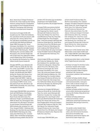 Besar, Jakarta Pusat.TK Negeri Pembinaan
Pariaman, Kec. Enam Lingkung, Kab. Padang
Pariaman, padang Pariaman mendapatkan
juara harapan II. SertaTK Aisyiyah Bustanul
Atfhal, Kec. Karanganyar, Kab. Indramayu,
Jawa Barat menempati posisi Harapan III.
Sementara itu di tingkat SD/MI, SDN
Suryakencana, Kec. Cikole, Kota Sukabumi,
Prov. Jawa Barat meraih juara pertama, SDK
SangTimur, Kec. Cakung, JakartaTimur,
Prov. DKI Jakarta mendapatkan juara ke dua.
Juara III diraih oleh Madrasah Ibtidaiyah
Negeri (MIN) Demangan, Kec.Taman
Demangan, Kota Madiun, Prov. Jawa timur,
dan yang mendapatkan peringkat harapan
I adalah SDN 33 Palembang, Kec. 1B II, Kota
Palembang, Prov. Sumatera Selatan, SDN
Murungsari 2, Kec. AmuntaiTengah, Kab.
Hulu Sungai Utara, Prov. Kalimantan Selatan
meraih harapan II dan SDN 25 Panaikang,
Kec. Bantaeng, Kab. Bantaeng, Prov. Sulawesi
Selatan berada di posisi harapan III.
Ditingkat SMP/MTs, juara I diduduki oleh
SMPN 12Tebo, Kec. Rimbo Ilir, Kab.Tebo,
Prov. Jambi. Juara II SMPN 1 Susukan, Kec.
Susukan, Kab. Banjarnegara, Prov. Jawa
Tengah. Juara III ditempati oleh SMPN 1 
Kempo, Kec. Kempo, Kab. Dompu, Prov.
NusaTenggara Barat. Untuk peringkat
harapan I diraih oleh SMPN 1 Selat, Kec.
Selat, Kab. Kapuas, Prov. KalimantanTengah.
Juara Harapan II SMPN 216, Kec. Senen,
Kota Jakarta Pusat, Prov. DKI Jakarta, dan
SMPN 4 Kediri, Kota Kediri, Prov. JawaTimur
mendapatkan harapan III.
Untuk tingkat SMA/MA/SMK, Juara pertama
diraih oleh MAN Baubau, Kota Baubau,
Prov. SulawesiTenggara. Juara II SMKN
MuaraTeweh, Kab. Barito Utara, Prov.
KalimantanTengah. Juara III diduduki oleh
SMAN 78 Jakarta, Kec. Kemanggisan, Kota
Jakarta Barat, Prov. DKI Jakarta. Sementara
itu juara harapan I berhasil dicapai oleh
MAN Jombang, Kab. Jombang, Prov. Jawa
Timur. Harapan II SMAN 15 Bandung, Kota
Bandung, Prov Jawa Barat dan juara harapan
III oleh SMAN 6 Palembang, Kec. Sekip
Ujung, Kota Palembang, Prov. Sumatera
Selatan. Selain memberikan penghargaan
kepada pemenang sekolah sehat dan tim
pembina UKS, Kemenkes juga memberikan
penghargaan serta hadiah kepada
Puskesmas pembina UKS di tingkat Nasional.
Di tingkatTK/RA, juara pertama berhasil
diraih oleh Puskesmas Curug, Kec. Curug,
Kab.Tangerang, Prov. Banten. Juara II
ditempati oleh PuskesmasTaman, Kec.
Taman, Kab. Sidoarjo, Prov. JawaTimur.
Juara III Puskesmas Praya, Kec. Praya, Kab.
LombokTengah, Prov. NusaTenggara
Barat.  Untuk juara Harapan I ditempati oleh
Puskesmas Sawah Besar, Kec. Sawah Besar,
Kota Jakarta Pusat, Prov. DKI Jakarta, juara
harapan II Puskesmas Pakandangan, Kec.
Enam Lingkung, Kab. Padang Pariaman,
Prov. Sumatera Barat, dan yang menempati
harapan III adalah Puskesmas Margadadi,
Kec. Karanganyar, Kab. Indramayu, Prov.
Jawa Barat.
Untuk di tingkat SD/MI, juara I diduduki
oleh Puskesmas Selabatu, Kec. Cikole,
Kota Sukabumi, Prov. Jawa Barat. Juara
II Puskesmas Cakung, Kec. Cakung, Kota
JakartaTimur, Prov. DKI Jakarta. Juara
III Puskesmas Demangan, Kec.Taman
Demangan, Kota Madiun, Prov. Jawa
Timur. Lalu untuk juara harapan I berhasil
diraih oleh Puskesmas Makrayu, Kec. 1B II,
Kota Palembang, Prov. Sumatera Selatan,
juara harapan II Puskesmas SEI Karias, Kec.
AmuntaiTengah, Kab. Hulu Sungai Utara,
Prov. Kalimantan Selatan, dan posisi harapan
III Puskesmas Bissappu, Kec. Bantaeng, Kab.
Bantaeng, Prov. Sulawesi Selatan.
Sementara itu di tingkat SMP/MI juara I
Puskesmas Rimbo Ilir, Kec. Rimbo Ilir, Kab.
Tebo, Prov. Jambi. Juara II ditempati oleh
Puskesmas 2 Susukan, Kec. Susukan, Kab.
Banjarnegara, Prov. JawaTengah. Untuk
posisi juara III berhasil diraih oleh Puskesmas
Kempo, Kec. Kempo, Kab. Dompu, Prov.
NusaTenggara Barat. Untuk juara harapan I
di tempati oleh Puskesmas Selat, Kec. Selat,
Kab. Kapuas, Prov. KalimantanTengah.
Harapan II Puskesmas Kec. Senen, Kota
Jakarta Pusat, Prov. DKI Jakarta, dan Harapan
III Puskesmas Sukoreme, Kec. Mojoroto, Kota
Kediri, Prov. JawaTimur.
Untuk tingkat SMA/MA/SMK, juara
pertama diraih Puskesmas Wajo, Kec.
Murhum, Kota Baubau, Prov. Sulawesi
Tenggara. Peringkat II diduduki Puskesmas
Muara Teweh, Kec. Teweh Tengah, Kab.
Barito Utara, Prov. Kalimantan Tengah.
Juara III Puskesmas Palmerah, Kec.
Palmerah, Kota Jakarta Barat, Prov. DKI
Jakarta. Untuk juara harapan I di tempati
oleh Puskesmas Jabon, Kec. Jombang,
Kab. Jombang, Prov. Jawa Timur. Juara
Harapan II Puskesmas Srijadi, Kec. Sukasari,
Kota Bandung, Prov. Jawa Barat, dan
juara harapan III dicapai oleh Puskesmas
Basuki Rahmat, Kec. Sekip Ujung, kota
Palembang, Prov. Sumatera Selatan.
Pelaksanaan Lomba Sekolah Sehat, telah
dilaksanakan untuk tingkat SD/MI sejak
1991; tingkat SMP/MTs sejak 2000; tingkat
TK/RA dan SMA/SMK/MA sejak 2004.
Hal-hal yang dinilai dalam Lomba Sekolah
Sehat Tingkat Nasional, antara lain:
a.	Penilaian terhadap Tim Pembina Usaha
Kesehatan Sekolah (UKS) tingkat
Provinsi, Kab/Kota, dan Kecamatan.
Aspek yang dinilai meliputi kegiatan
pembinaan UKS, diantaranya
pemantauan, pelatihan, dan keterlibatan
sekolah.
b.	Penilaian terhadap sekolah, dengan
aspek yang dinilai antara lain kebersihan
sarana/prasarana kelas, ruang guru,
kantin, toilet, air bersih, tempat cuci
tangan, tempat ibadah, kondisi tempat
sampah, dan UKS.
c. 	Penilaian terhadap perilaku kesehatan
peserta didik, diantaranya pengetahuan
tentang UKS, Perilaku Hidup Bersih dan
Sehat (PHBS).
d.	Penilaian terhadap pelaksanaan
pelayanan kesehatan, seperti
pelaksanaan penjaringan kesehatan dan
penyuluhan oleh petugas Puskesmas,
dan lain-lain.
Tim penilai Lomba Sekolah Sehat
Tingkat Nasional berasal dari lintas
sektor, yakni Kementerian Kesehatan,
Kementerian Pendidikan dan
Kebudayaan, Kementerian Agama, dan
Kementerian Dalam Negeri (yu)
EDISI 38 I OKTOBER I 2012 MEDIAKOM 21
 