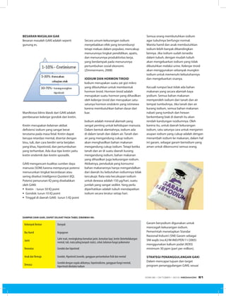 BESArAn MASALAH GAk
Besaran masalah GAKI adalah seperti
gunung es.
Manifestasi klinis klasik dari GAKI adalah
pembesaran kelenjar gondok dan kretin.
Kretin merupakan kelainan akibat
defisiensi iodium yang sangat berat
terutama pada masa fetal. Kretin dapat
berupa retardasi mental, disertai dengan
bisu, tuli, dan cara berdiri serta berjalan
yang khas, hipotiroid, dan pertumbuhan
yang terhambat. Ada dua tipe kretin yaitu
kretin endemik dan kretin sporadik.
GAKI mengancam kualitas sumber daya
manusia (SDM) karena mempunyai potensi
menurunkan tingkat kecerdasan atau
sering disebut Intelligence Quotient (IQ).
Potensi penurunan IQ yang disebabkan
oleh GAKI:
§	Kretin : turun 50 IQ point
§	Gondok: turun 10 IQ point
§	Tinggal di daerah GAKI : turun 5 IQ point
Secara umum kekurangan iodium
menyebabkan efek yang tersembunyi
tetapi meluas dalam populasi, mencakup
menurunnya tingkat pendidikan, apatis,
dan menurunnya produktivitas kerja,
yang berdampak pada menurunnya
pertumbuhan sosial ekonomi.
(Zimmermann, 2008)
iODiUM DAn HOrMOn TirOiD
Iodium merupakan suatu zat gizi mikro
yang dibutuhkan untuk membentuk
hormon tiroid. Hormon tiroid adalah
merupakan suatu hormon yang dihasilkan
oleh kelenjar tiroid dan merupakan satu-
satunya hormon endokrin yang istimewa
karena membutuhkan bahan dasar dari
luar.
Iodium adalah mineral alamiah yang
sangat penting untuk kehidupan manusia.
Dalam bentuk alamiahnya, iodium ada
di dalam tanah dan dalam air. Tanah dan
air yang mengandung cukup iodium
akan menghasilkan bahan makanan
mengandung cukup iodium. Tetapi ketika
tanah dan air di suatu daerah kurang
mengandung iodium, bahan makanan
yang dihasilkan juga kekurangan iodium.
Akibatnya, penduduk yang konsumsi
bahan makanannya hanya mengandalkan
dari daerah itu kebutuhan iodiumnya tidak
tercukupi. Rata-rata kecukupan iodium
untuk dewasa adalah 150 µg/hari, suatu
jumlah yang sangat sedikit. Yang perlu
diperhatikan adalah tubuh mendapatkan
iodium secara teratur setiap hari.
Semua orang membutuhkan iodium
agar tubuhnya berfungsi normal.
Wanita hamil dan anak membutuhkan
iodium lebih banyak dibandingkan
lainnya. Jika iodium sudah tersedia
dalam tubuh, dengan mudah tubuh
akan mengeluarkan iodium yang tidak
dibutuhkan melalui urine. Kelenjar tiroid
akan menggunakan sebanyak mungkin
iodium untuk memenuhi kebutuhannya
dan mengeluarkan sisanya.
Kecuali rumput laut tidak ada bahan
makanan yang secara alamiah kaya
yodium. Semua bahan makanan
memperoleh iodium dari tanah dan air
tempat tumbuhnya. Jika tanah dan air
kurang iodium, semua bahan makanan
nabati yang tumbuh dan hewan
berkembang biak di daerah itu akan
rendah kandungan isodiumnya. Oleh
karena itu, untuk daerah kekurangan
iodium, satu satunya cara untuk menjamin
asupan iodium yang cukup adalah dengan
menambah iodium ke makanan, dalam hal
ini garam, sebagai garam beriodium yang
aman untuk dikonsumsi semua orang.
Garam beryodium digunakan untuk
mencegah kekurangan iodium.
Pemerintah menetapkan Standar
Nasional Industri (SNI) Garam sebagai
SNI wajib (no.42/M-IND/PER/11/2005)
menggunakan kalium yodat (KOI3)
minimum 30 ppm (part per million).
STrATEGi PEnAnGGULAnGAn GAki
Dalam mencapai tujuan dan target
program penanggulangan GAKI, sesuai
DAMPAk DAri GAki, DAPAT DiLiHAT PADA TABEL DiBAwAH ini:
Kelompok Rentan Dampak
Ibu Hamil Keguguran
Janin
Lahir mati, meningkatnya kematian janin, kematian bayi, kretin (keterbelakangan
mental, tuli, mata juling,lumpuh statis), cebol, kelainan fungsi psikomotor
Neonatus Gondok dan hipotiroid
Anak dan Remaja Gondok, Hipotiroid Juvenile, gangguan pertumbuhan fisik dan mental
Dewasa
Gondok dengan segala akibatnya, hipotiroidisme, gangguan fungsi mental,
hipertiroid diinduksi iodium
	
  
	
  
EDISI 38 I OKTOBER I 2012 MEDIAKOM 61
 
