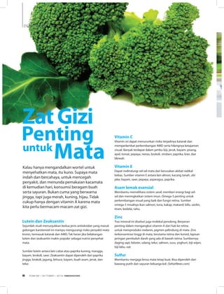 INFO SEHAT
Lutein dan Zeaksantin
Sejumlah studi menunjukkan kedua jenis antioksidan yang masuk
golongan karotenoid ini mampu mengurangi risiko penyakit mata
kronis, termasuk katarak dan AMD. Tak heran jika belakangan
lutein dan zeaksantin makin populer sebagai nutrisi penyehat
mata. 
Sumber lutein antara lain cabai atau paprika kuning, mangga,
bayam, brokoli, sawi. Zeaksantin dapat diperoleh dari paprika
jingga, brokoli, jagung, lettuce, bayam, buah asam, jeruk, dan
telur.
ZatGizi
Penting Vitamin C
Vitamin ini dapat menurunkan risiko terjadinya katarak dan
memperlambat perkembangan AMD serta hilangnya ketajaman
visual. Banyak terdapat dalam jambu biji, jeruk, bayam, pisang,
apel, tomat, pepaya, nenas, brokoli, stroberi, paprika, kiwi, dan
blewah.
Vitamin E
Dapat melindungi sel-sel mata dari kerusakan akibat radikal
bebas. Sumber vitamin E antara lain almon, kacang tanah, ubi
jalar, bayam, sawi, pepaya, asparagus, paprika.
Asam lemak esensial
Membantu memelihara sistem saraf, memberi energi bagi sel-
sel dan meningkatkan sistem imun. Omega-3 penting untuk
perkembangan visual yang baik dan fungsi retina. Sumber
omega-3 misalnya ikan salmon, tuna, kakap, makarel, bilis, sardin,
tiram, kedelai, tahu.
Zinc
Tras mineral ini disebut juga molekul penolong. Berperan
penting dalam mengangkut vitamin A dari hati ke retina
untuk memproduksi melanin, pigmen pelindung di mata. Zinc
terkonsentrasi tinggi di mata, terutama retina dan koroid, lapisan
jaringan pembuluh darah yang ada di bawah retina. Sumbernya
daging sapi, lobster, udang, telur, salmon, susu, yoghurt, biji wijen,
biji labu, oat.
Sulfur
Membantu menjaga lensa mata tetap kuat. Bisa diperoleh dari
bawang putih dan sayuran keluarga kol. (SehatNews.com)
Kalau hanya mengandalkan wortel untuk
menyehatkan mata, itu kuno. Supaya mata
indah dan bercahaya, untuk mencegah
penyakit, dan menunda pemakaian kacamata
di kemudian hari, konsumsi beragam buah
serta sayuran. Bukan cuma yang berwarna
jingga, tapi juga merah, kuning, hijau. Tidak
cukup hanya dengan vitamin A karena mata
kita perlu bermacam-macam zat gizi.
Matauntuk
EDISI 38 I OKTOBER I 2012 MEDIAKOM8
 
