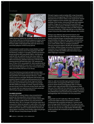 Daerah
Sadikin Bandung. Padahal, bila manajemen rumah sakit di daerah
mau, mereka sudah bisa memberikan pelayanan tersebut, karena
segala obat dan peralatannya sudah di biayai dari APBN. Pihak
RS Hasan Sadikin sendiri khawatir bila pasien dari daerah terus
bertambah pelayanan di RSHS kurang optimal.
Untuk mengatasi masalah tersebut, sempat diadakan sosialisasi
yang bertempat di kantor Komisi Penanggulangan AIDS (KPA)
Kota Bandung. sosialisasi ini merupakan sosialisasi pemulasaran
jenazah penderita AIDS yang dihadiri DKM se -kota Bandung,
wakil dari KPA, dan wakil dari Rumah Sakit Hasan Sadikin Isi
materi sosialisasi diantaranya membahas tentang seluk beluk
AIDS di kota Bandung, dikatakan bahwa Kasus HIV AIDS di kota
Bandung pertama kali ditemukan tahun 1991 sebanyak satu
kasus. Di tahun 2010, usia produktif (20 -29thn) penderita AIDS di
kota Bandung sebanyak 60 %, dan usia 0-14 thn sebanyak 2,90%,
kasus yang terjadi sebanyak 61 kasus dan 55 kasus diantaranya
balita yang terinfeksi AIDS dari air susu ibunya.
Saat ini Kota Bandung menempati peringkat pertama dalam
banyaknya penderita AIDS di Indonesia dan Jawa Barat. Menurut
data pada Maret 2010 terjadi sebanyak 5382 kasus. Jumlah
tersebut pasti terus meningkat. Berdasarkan data tersebut juga,
penderita Hepatitis B adalah yang paling gampang tertular HIV/
AIDS. Di Bandung sendiri berdiri sebuah organisasi berbasis
komunitas yang memberikan layanan kepada orang dengan
HIV/AIDS (ODHA) dan pengguna narkoba. Organisasi tersebut
bernama Rumah Cemara. Komunitas tersebut berdiri sejak 2003
dan menjadi salah satu organisasi yang memimpin perjuangan
ODHA dengan pengguna narkoba di Indonesia.
Sulawesi Selatan
Kasus HIV AIDS  di Sulawesi Selatan cukup memprihatinkan,
pasalnya dari data yang dilansir dinas kesehatan Sulawesi
Selatan  sebanyak 5.352 orang di Sulawesi Selatan terkena AIDS.
Jika dirata-ratakan jumlah penderita virus yang pertama kali
ditemukan tahun 1981 ini, mencapai 160 orang per bulan atau 5
orang perhari. Akibat dari penyakit ini sudah sekitar 4 ribu orang
yang meninggal dunia. Tingginya angka pengidap penyakit HIV
AIDS tersebut tentu saja harus menjadi perhatian bersama dan
seluruh lapisan masyarakat untuk menekan angka orang dengan
HIV AIDS  atau pun orang hidup dengan HIV AIDS.
Ditengah tingginya angkat pengidap AIDS, sangat disayangkan
kinerja Komite Penanggulangan AIDS (KPA) yang dibentuk di 24
Kabupaten/kota di Sulawesi Selatan masih sangat lemah. Padahal
dengan tingginya ancaman penyakit yang melemahkan sistem
kekebalan tubuh tersebut, seharusnya KPA lebih aktif melakukan
sosialisasi. Hingga saat ini hanya lima KPA yang terlibat aktif
dalam mencegah penyebaran HIV/AIDS di wilayahnya yakni KPA
kota Makassar, Palopo, Kabupaten Sidrap serta KPA Jeneponto.
Sementara yang lainnya, 19 KPA tidak aktif dan ini bisa dilihat dari
program kerja yang tidak berjalan dalam beberapa tahun terakhir.
Berbagai upaya dilakukan oleh pemerintah daerah untuk
menekan angka kasus HIV AIDS dengan melakukan penyadaran
kepada masyarakat dengan mengampanyekan dampak negatif
yang ditimbulkan dari Napza dan obat-obatan terlarang lainnya,
pasalnya, tingginya angka kasus HIV AIDS karena penggunaan
jarum suntik narkoba. Selain itu membantu penyebaran
informasi tentang pencegahan HIV/AIDS dan penanganan Odha
atau Ohidha.  Berkaitan dengan hal tersebut, dia mengatakan,
masyarakat harus menghilangkan stigma dan diskriminasi
terhadap para Odha atau Ohidha, baik di dunia kerja maupun
dalam lingkungan masyarakat.
Selain itu, salah satu kecenderungan yang berkembang di
Indonesia dalam menanggulangai AIDS adalah membuat
peraturan daerah (Perda) penanggulangan AIDS. Di Sulawesi
Selatan sendiri sudah ada perda AIDS di Kab Bulukuma (2008),
Kab Luwu Timur (2009), dan Prov Sulsel (2010). Tapi, semua perda
ini tidak mengatur penanggulangan epidemi HIV dengan konkret.
Yang dikedepankan hanya pasal-pasal yang moralistis sedangkan
penanggulangan AIDS memerlukan cara-cara yang konkret.
Bali
Hingga bulan Juni 2012 sejak tahun 1987, kasus HIV/AIDS
yang tercatat di Bali mencapai 6.292 penderita. Jumlah ini
mengantarkan Bali menduduki peringkat ke-5 nasional untuk
kasus tertinggi setelah DKI Jakarta, Jawa Timur, Papua dan Jawa
Barat. Jika dari segi kasus tertinggi Bali menduduki peringkat lima,
maka dari segi case rate atau angka kejadian HIV/AIDS dibagi
jumlah penduduk, Bali menduduki peringkat ke-3 setelah Papua
dan Jawa Barat.
42 EDISI 40 I DESEMBER I 2012 MEDIAKOM
 