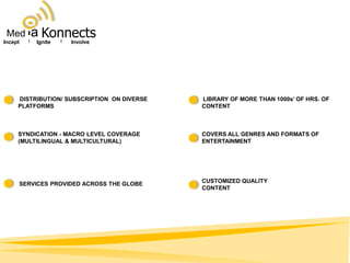 Med     a Konnects
Incept    Ignite    Involve




     DISTRIBUTION/ SUBSCRIPTION ON DIVERSE   LIBRARY OF MORE THAN 1000s’ OF HRS. OF
     PLATFORMS                               CONTENT



     SYNDICATION - MACRO LEVEL COVERAGE      COVERS ALL GENRES AND FORMATS OF
     (MULTILINGUAL & MULTICULTURAL)          ENTERTAINMENT




                                             CUSTOMIZED QUALITY
     SERVICES PROVIDED ACROSS THE GLOBE
                                             CONTENT
 