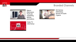 Saturn
(Germany)
TechLab,
unpacking,
demos,
promotions
EA Games
(Germany)
launch of Crysis
3 game
Coke TV
(Germany)
Brande...