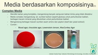 Media berdasarkan komposisinya(3)
Complex Media
- Memiliki bahan yang kompleks, mengandung banyak campuran bahan kimia yang tidak diketahui
- Media complex mengandung: air, sumber karbon seperti glukosa untuk pertumbuhan bakteri,
berbagai macam mineral yang dibutuhkan untuk pertumbuhan bakteri
- Mengandung berbagai macam sumber asam amino dan pepton (beef dan yeast extract)
- Contoh :
- Blood agar, chocolate agar, Lowenstein Jensen, MacConkey Agar
Subhash Chandra Parija. Textbook of Microbiology & Immunology. 2nd edition. Elsevier. 2012
 
