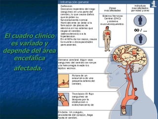 El cuadro clínico es variado y depende del área encefálica afectada.   