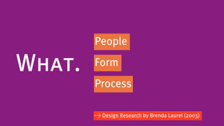 People

What.   Form
        Process

        > Design Research by Brenda Laurel (2003)
 