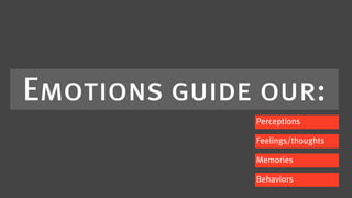 Emotions guide our:
              Perceptions

              Feelings/thoughts

              Memories

              Behaviors
 