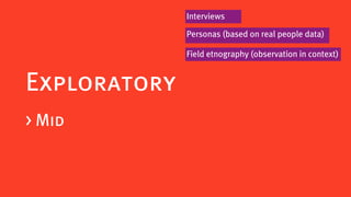 Interviews

              Personas (based on real people data)

              Field etnography (observation in context)


Exploratory
> Mid
 