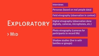 Interviews

              Personas (based on real people data)

              Field etnography (observation in context)

              Digital etnography (observation done
Exploratory   digitally, cameras, microphones, etc.)

              Photo etnography (cameras for
              participants to record life)
> Mid
              Shadow studies (live in with
              families or groups)
 