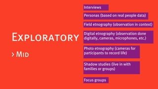 Interviews

              Personas (based on real people data)

              Field etnography (observation in context)

              Digital etnography (observation done
Exploratory   digitally, cameras, microphones, etc.)

              Photo etnography (cameras for
              participants to record life)
> Mid
              Shadow studies (live in with
              families or groups)

              Focus groups
 