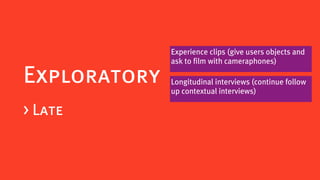 Experience clips (give users objects and
              ask to film with cameraphones)

Exploratory   Longitudinal interviews (continue follow
              up contextual interviews)

> Late
 