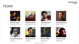 TEAM

Romain Saillet
!

Neila Romdane
!

Yann Heurtaux
!

Nicolas Becquet
!

Gayanné Adourian
!

Nicolas Loubet
!

Marion Gillet
!

Charles Audier
!

Founder & French Connector
@RomainSaillet

Newsroom
@GayaneAdourian

United Kingdom Connector
@Neila_R

Newsroom
@NicolasLoubet

Swiss Connector
@

Logistique & Tech
@MarionGillet

MediaLabSession - Présentation

Belgium Connector
@

Happiness Hero
@CharlesAudier

P.

 