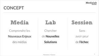 CONCEPT

Media

Lab

Session

Comprendre les

Chercher

Sans

Nouveaux Enjeux

de Nouvelles

avoir peur

des médias

Solutions

de l’échec

MediaLabSession - Présentation

P.

 