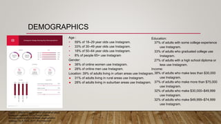 DEMOGRAPHICS
Age :
• 59% of 18–29 year olds use Instagram.
• 33% of 30–49 year olds use Instagram.
• 18% of 50–64 year olds use Instagram.
• 8% of people 65+ use Instagram
Gender:
● 38% of online women use Instagram.
● 28% of online men use Instagram.
Location: 39% of adults living in urban areas use Instagram.
● 31% of adults living in rural areas use Instagram.
● 28% of adults living in suburban areas use Instagram.
Education:
37% of adults with some college experience
use Instagram.
33% of adults who graduated college use
Instagram.
27% of adults with a high school diploma or
less use Instagram.
Income:
38% of adults who make less than $30,000
use Instagram.
37% of adults who make more than $75,000
use Instagram.
32% of adults who make $30,000–$49,999
use Instagram.
32% of adults who make $49,999–$74,999
use Instagram.
Figure 1. Graphs showing useful information about
Instagram statistics. From “Social media
demographics to inform a better segmentation
strategy,” by A. York, 2017. Reprinted with
 
