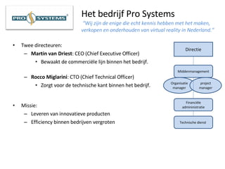 Het bedrijf Pro Systems   “Wij zijn de enige die echt kennis hebben met het maken, verkopen en onderhouden van virtual reality in Nederland.” Twee directeuren:  Martin van Driest : CEO (Chief Executive Officer)  Bewaakt de commerciële lijn binnen het bedrijf.  Rocco Miglarini : CTO (Chief Technical Officer)  Zorgt voor de technische kant binnen het bedrijf. Missie: Leveren van innovatieve producten Efficiency binnen bedrijven vergroten  Directie Middenmanagement Organisatie manager project manager Financiële admininistratie Technische dienst . 