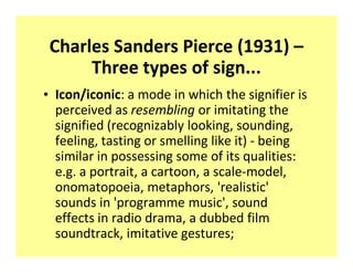 Charles Sanders Pierce (1931)
      Three types of sign...
‡ Icon/iconic: a mode in which the signifier is
  perceived as resembling or imitating the
  signified (recognizably looking, sounding,
  feeling, tasting or smelling like it) - being
  similar in possessing some of its qualities:
  e.g. a portrait, a cartoon, a scale-model,
  onomatopoeia, metaphors, 'realistic'
  sounds in 'programme music', sound
  effects in radio drama, a dubbed film
  soundtrack, imitative gestures;
 