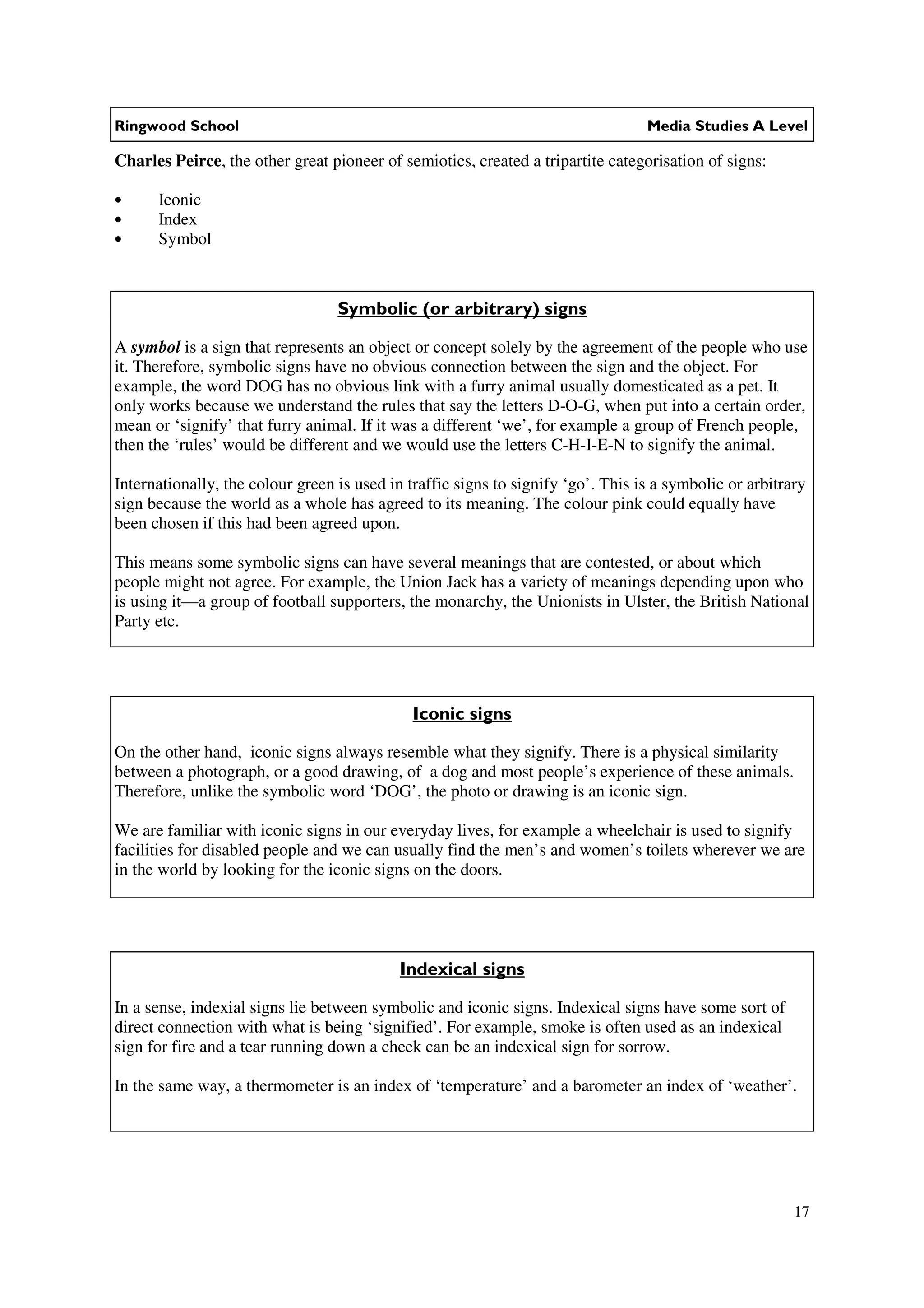 Ringwood School                                                                   Media Studies A Level

Charles Peirce, the other great pioneer of semiotics, created a tripartite categorisation of signs:

•     Iconic
•     Index
•     Symbol



                                  Symbolic (or arbitrary) signs

A symbol is a sign that represents an object or concept solely by the agreement of the people who use
it. Therefore, symbolic signs have no obvious connection between the sign and the object. For
example, the word DOG has no obvious link with a furry animal usually domesticated as a pet. It
only works because we understand the rules that say the letters D-O-G, when put into a certain order,
mean or ‘signify’ that furry animal. If it was a different ‘we’, for example a group of French people,
then the ‘rules’ would be different and we would use the letters C-H-I-E-N to signify the animal.

Internationally, the colour green is used in traffic signs to signify ‘go’. This is a symbolic or arbitrary
sign because the world as a whole has agreed to its meaning. The colour pink could equally have
been chosen if this had been agreed upon.

This means some symbolic signs can have several meanings that are contested, or about which
people might not agree. For example, the Union Jack has a variety of meanings depending upon who
is using it—a group of football supporters, the monarchy, the Unionists in Ulster, the British National
Party etc.




                                              Iconic signs

On the other hand, iconic signs always resemble what they signify. There is a physical similarity
between a photograph, or a good drawing, of a dog and most people’s experience of these animals.
Therefore, unlike the symbolic word ‘DOG’, the photo or drawing is an iconic sign.

We are familiar with iconic signs in our everyday lives, for example a wheelchair is used to signify
facilities for disabled people and we can usually find the men’s and women’s toilets wherever we are
in the world by looking for the iconic signs on the doors.




                                            Indexical signs

In a sense, indexial signs lie between symbolic and iconic signs. Indexical signs have some sort of
direct connection with what is being ‘signified’. For example, smoke is often used as an indexical
sign for fire and a tear running down a cheek can be an indexical sign for sorrow.

In the same way, a thermometer is an index of ‘temperature’ and a barometer an index of ‘weather’.




                                                                                                         17
 