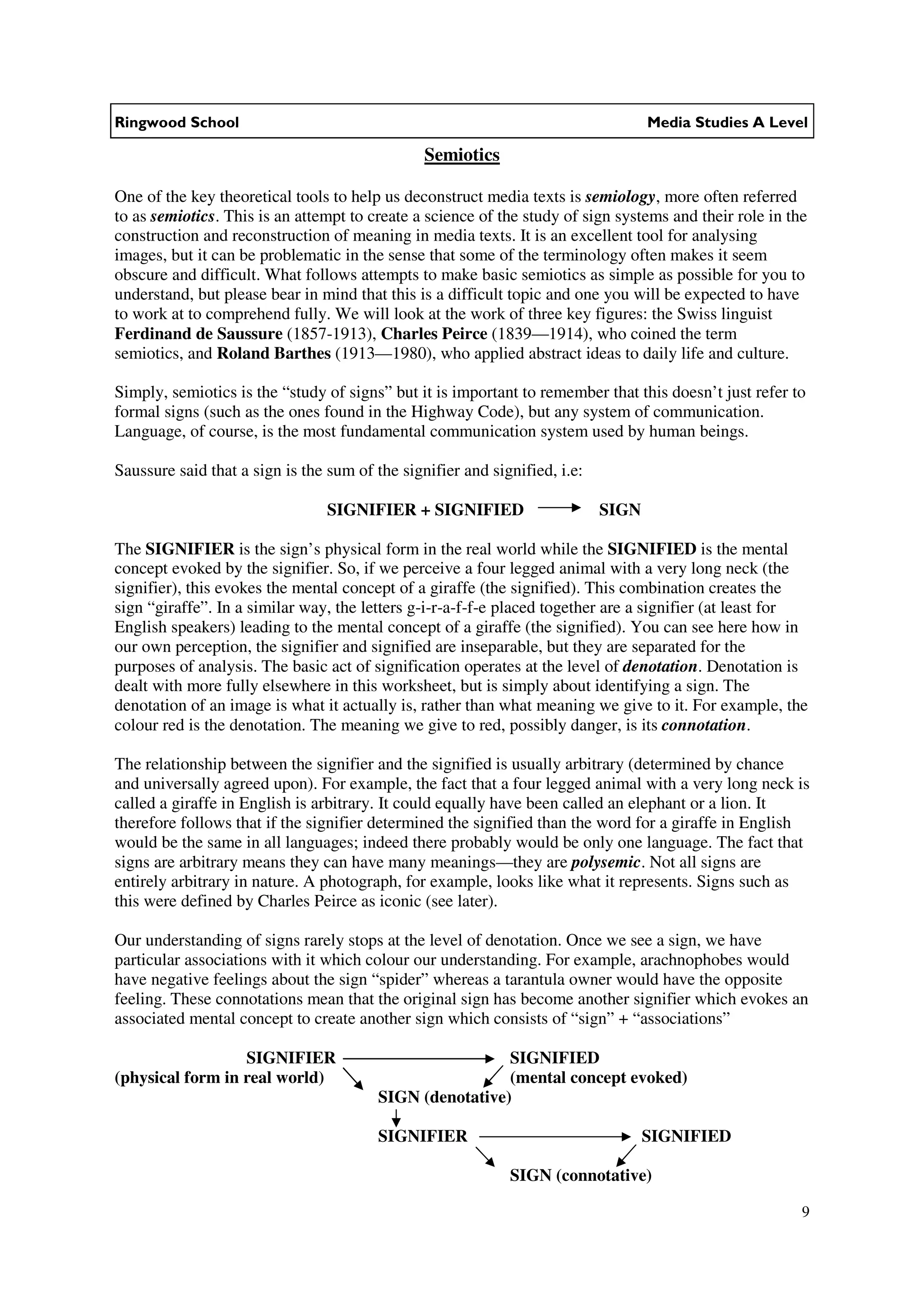 Ringwood School                                                                    Media Studies A Level

                                                Semiotics

One of the key theoretical tools to help us deconstruct media texts is semiology, more often referred
to as semiotics. This is an attempt to create a science of the study of sign systems and their role in the
construction and reconstruction of meaning in media texts. It is an excellent tool for analysing
images, but it can be problematic in the sense that some of the terminology often makes it seem
obscure and difficult. What follows attempts to make basic semiotics as simple as possible for you to
understand, but please bear in mind that this is a difficult topic and one you will be expected to have
to work at to comprehend fully. We will look at the work of three key figures: the Swiss linguist
Ferdinand de Saussure (1857-1913), Charles Peirce (1839—1914), who coined the term
semiotics, and Roland Barthes (1913—1980), who applied abstract ideas to daily life and culture.

Simply, semiotics is the “study of signs” but it is important to remember that this doesn’t just refer to
formal signs (such as the ones found in the Highway Code), but any system of communication.
Language, of course, is the most fundamental communication system used by human beings.

Saussure said that a sign is the sum of the signifier and signified, i.e:

                                 SIGNIFIER + SIGNIFIED                      SIGN

The SIGNIFIER is the sign’s physical form in the real world while the SIGNIFIED is the mental
concept evoked by the signifier. So, if we perceive a four legged animal with a very long neck (the
signifier), this evokes the mental concept of a giraffe (the signified). This combination creates the
sign “giraffe”. In a similar way, the letters g-i-r-a-f-f-e placed together are a signifier (at least for
English speakers) leading to the mental concept of a giraffe (the signified). You can see here how in
our own perception, the signifier and signified are inseparable, but they are separated for the
purposes of analysis. The basic act of signification operates at the level of denotation. Denotation is
dealt with more fully elsewhere in this worksheet, but is simply about identifying a sign. The
denotation of an image is what it actually is, rather than what meaning we give to it. For example, the
colour red is the denotation. The meaning we give to red, possibly danger, is its connotation.

The relationship between the signifier and the signified is usually arbitrary (determined by chance
and universally agreed upon). For example, the fact that a four legged animal with a very long neck is
called a giraffe in English is arbitrary. It could equally have been called an elephant or a lion. It
therefore follows that if the signifier determined the signified than the word for a giraffe in English
would be the same in all languages; indeed there probably would be only one language. The fact that
signs are arbitrary means they can have many meanings—they are polysemic. Not all signs are
entirely arbitrary in nature. A photograph, for example, looks like what it represents. Signs such as
this were defined by Charles Peirce as iconic (see later).

Our understanding of signs rarely stops at the level of denotation. Once we see a sign, we have
particular associations with it which colour our understanding. For example, arachnophobes would
have negative feelings about the sign “spider” whereas a tarantula owner would have the opposite
feeling. These connotations mean that the original sign has become another signifier which evokes an
associated mental concept to create another sign which consists of “sign” + “associations”

                  SIGNIFIER                               SIGNIFIED
(physical form in real world)                             (mental concept evoked)
                                         SIGN (denotative)

                                         SIGNIFIER                                 SIGNIFIED

                                                             SIGN (connotative)

                                                                                                         9
 