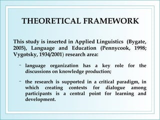 THEORETICAL FRAMEWORK
This study is inserted in Applied Linguistics (Bygate,
2005), Language and Education (Pennycook, 1998;
Vygotsky, 1934/2001) research area:
−

language organization has a key role for the
discussions on knowledge production;

−

the research is supported in a critical paradigm, in
which creating contexts for dialogue among
participants is a central point for learning and
development.

 