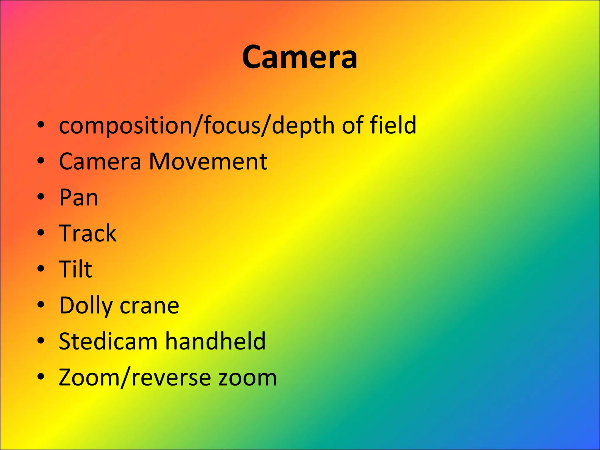 Camera composition/focus/depth of field Camera Movement Pan Track Tilt Dolly crane Stedicam handheld Zoom/reverse zoom 
