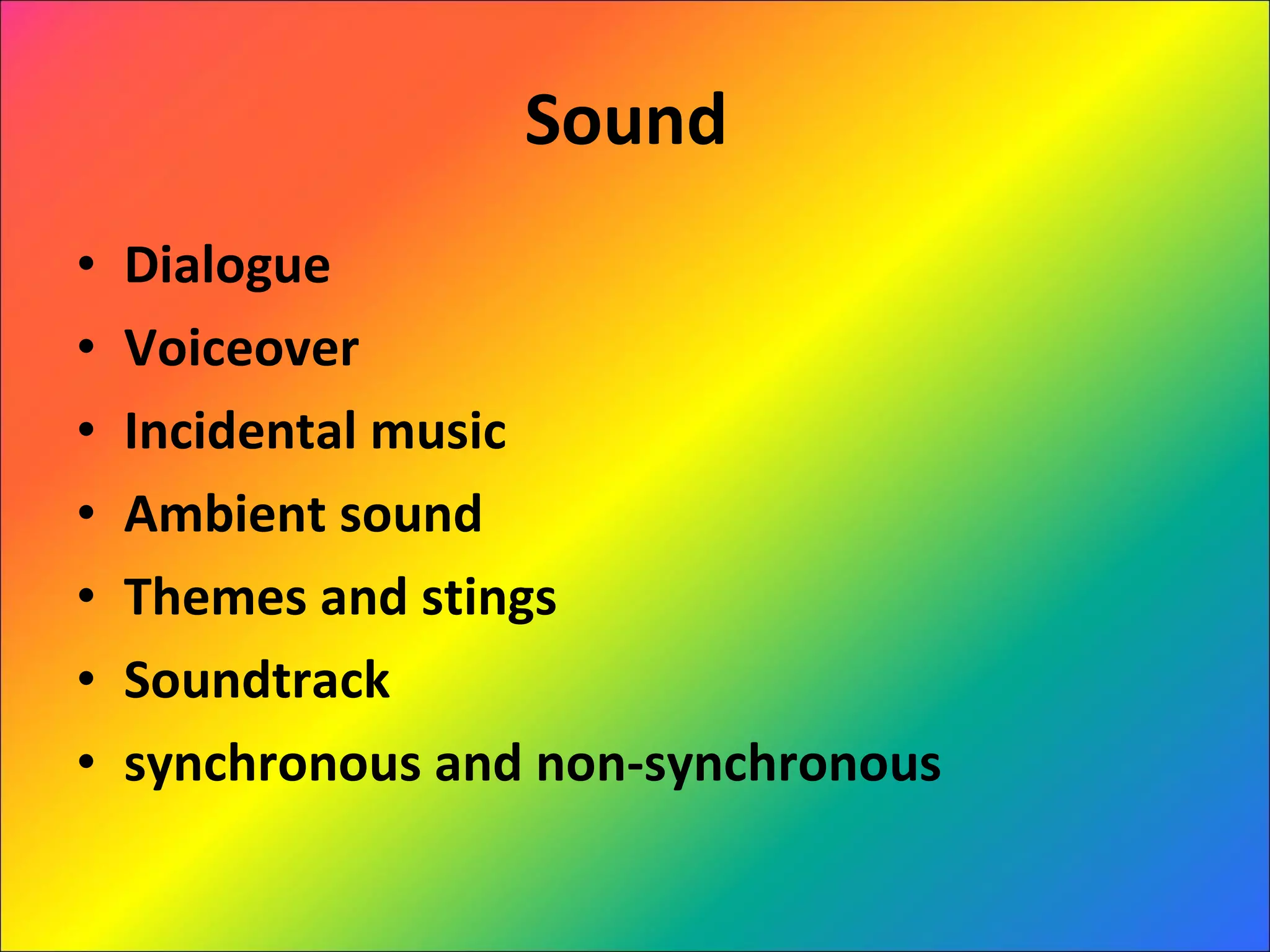 Sound   Dialogue Voiceover Incidental music Ambient sound Themes and stings Soundtrack synchronous and non-synchronous 