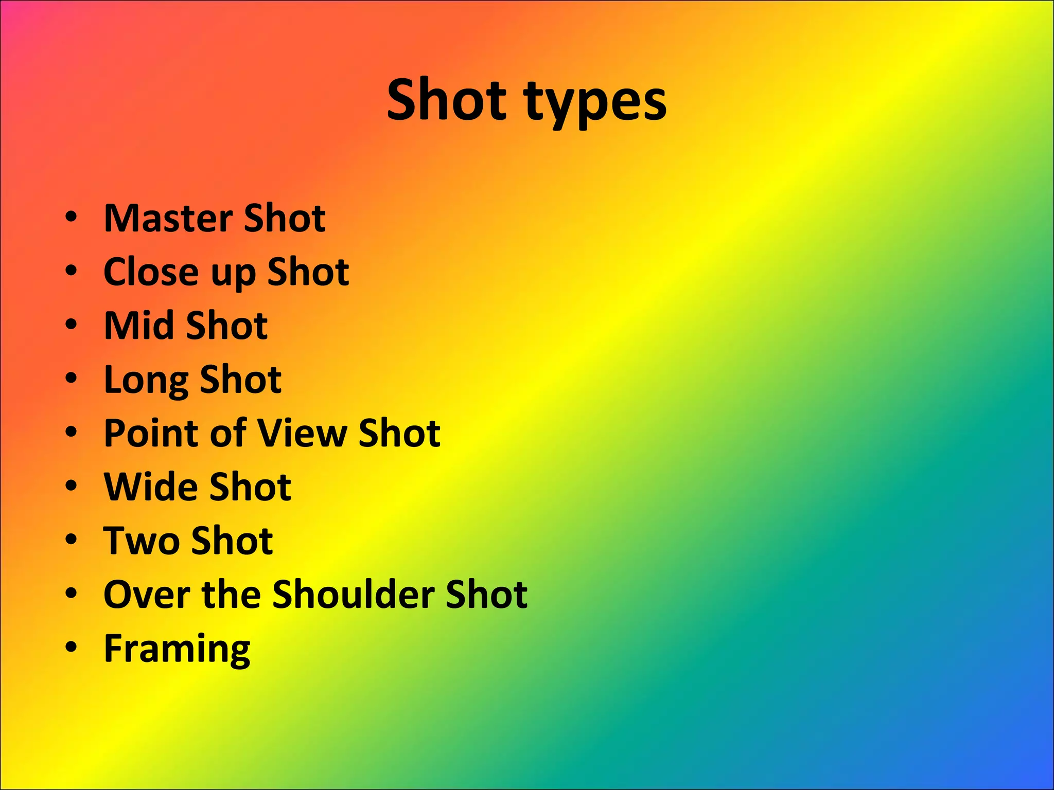 Shot types Master Shot Close up Shot Mid Shot Long Shot Point of View Shot Wide Shot Two Shot Over the Shoulder Shot Framing 