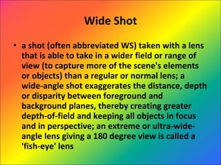Wide Shot a shot (often abbreviated WS) taken with a lens that is able to take in a wider field or range of view (to capture more of the scene's elements or objects) than a regular or normal lens; a wide-angle shot exaggerates the distance, depth or disparity between foreground and background planes, thereby creating greater depth-of-field and keeping all objects in focus and in perspective; an extreme or ultra-wide-angle lens giving a 180 degree view is called a 'fish-eye' lens 