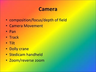Camera composition/focus/depth of field Camera Movement Pan Track Tilt Dolly crane Stedicam handheld Zoom/reverse zoom 