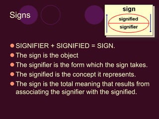 Signs
 SIGNIFIER + SIGNIFIED = SIGN.
 The sign is the object
 The signifier is the form which the sign takes.
 The signified is the concept it represents.
 The sign is the total meaning that results from
associating the signifier with the signified.
 