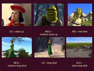 MCU –
medium close up
MLS –
medium long shot
CU - close up
LS – long shot
MS – mid shot
ELS –
extra long shot
 