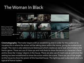 The Woman In Black

                                                                                    Darkness and a
                                                                                    night setting is
                                                                                    common within
                                                                                    horror trailers as it
                                                                                    adds suspense and
Blood is common within                                                              nervous
horror films. This shot                                                             atmosphere within
however could also imply                                                            the audience.
someone is watching him
which adds to the horror
element as it creates a
sense of the unknown.




Cinematography: The trailer begins with an establishing shot in order for the audience to
visualize this is where the action will be taking place within the movie, giving the audience an
insight. The room is old, tattered and destroyed which creates an eerie look which follows the
horror genre. There are use of close ups and mid shots to show the terror on character’s faces
and to show the ‘creepy’ objects in the house. There are also use of insert cuts as well once the
setting has been established to show the action within the scene. There are use of low angles
on the house to show the power of this haunted house. The lighting used is also dark which are
typical of horror trailers
 