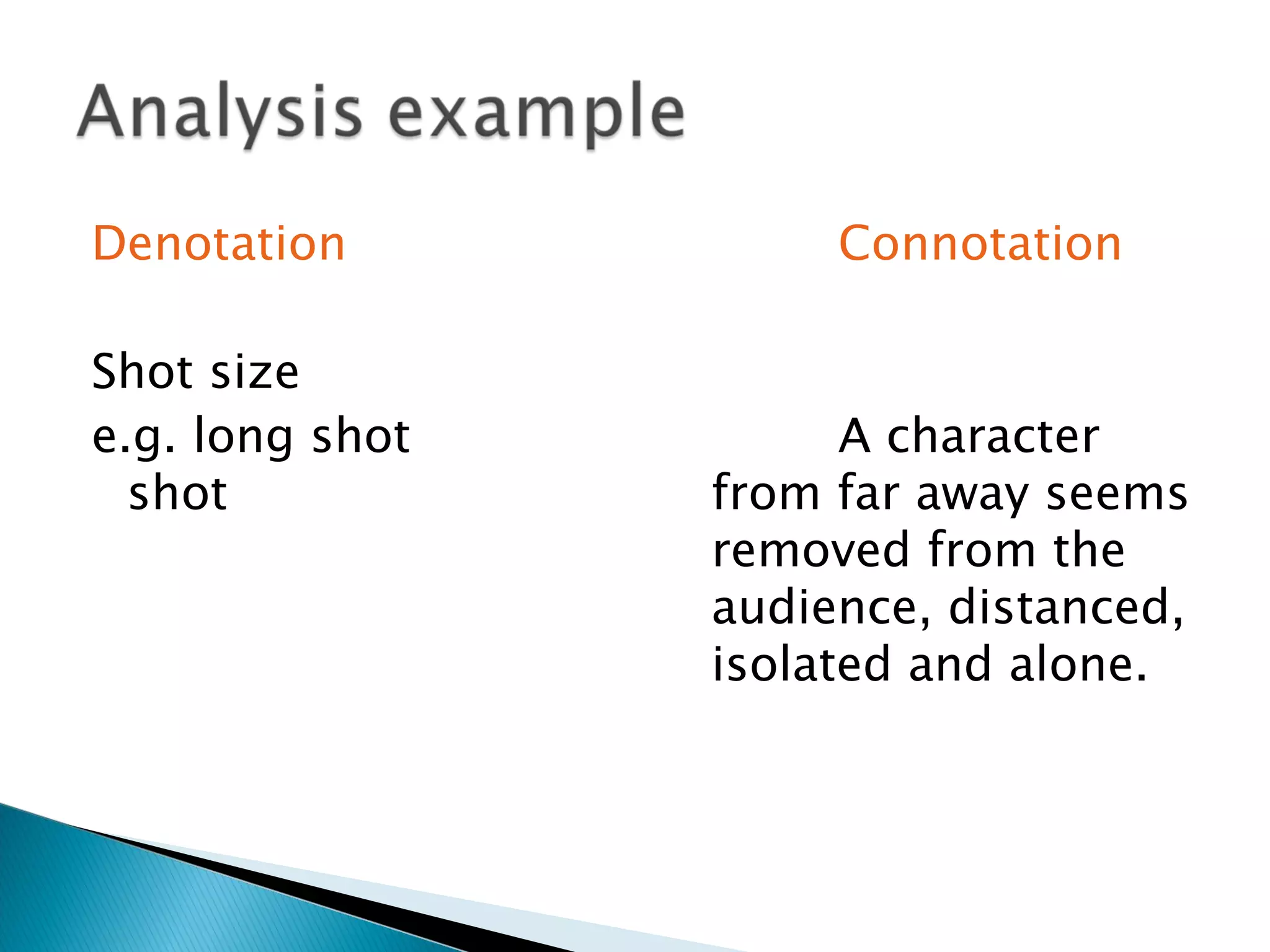Denotation            Connotation

Shot size
e.g. long shot         A character
  shot           from far away seems
                 removed from the
                 audience, distanced,
                 isolated and alone.
 