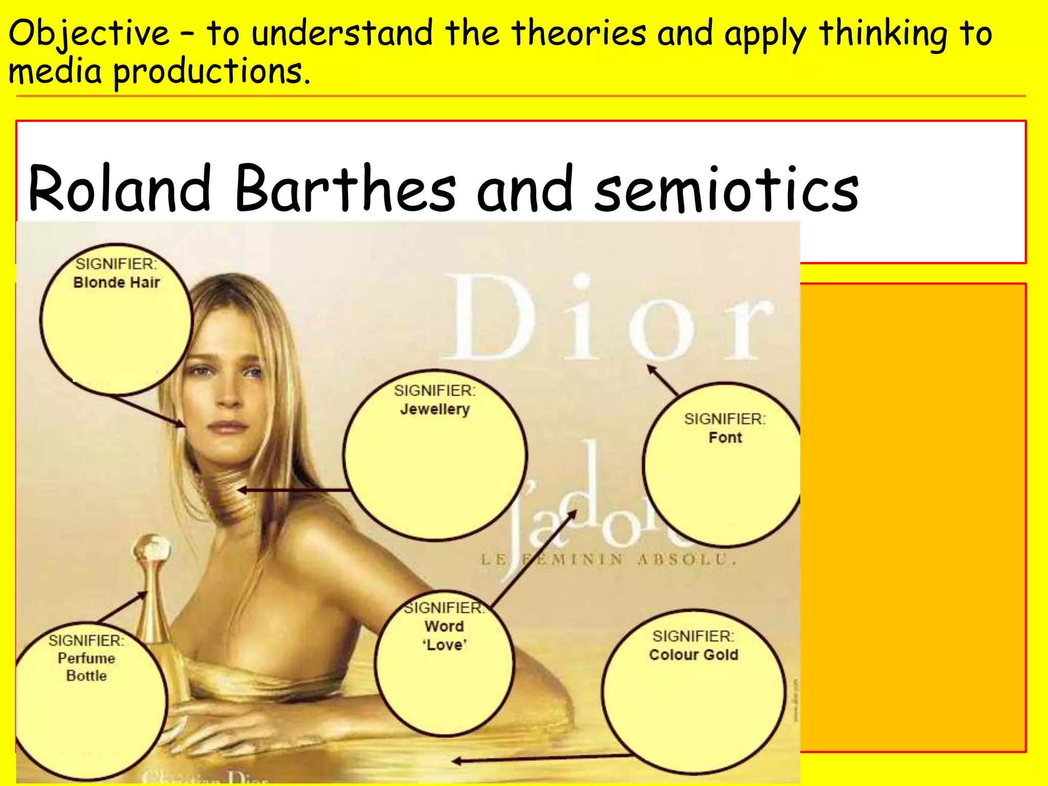 Roland Barthes and semiotics
Objective – to understand the theories and apply thinking to
media productions.
 