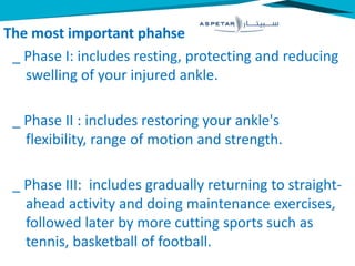 The most important phahse
_ Phase I: includes resting, protecting and reducing
swelling of your injured ankle.
_ Phase II : includes restoring your ankle's
flexibility, range of motion and strength.
_ Phase III: includes gradually returning to straight-
ahead activity and doing maintenance exercises,
followed later by more cutting sports such as
tennis, basketball of football.
 