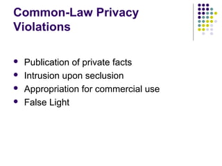 Common-Law Privacy
Violations

  Publication of private facts 

  Intrusion upon seclusion 

  Appropriation for commercial use 

  False Light 
 