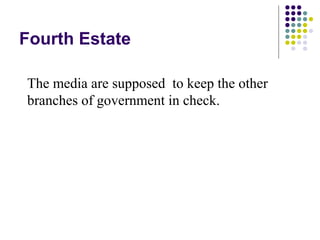 Fourth Estate

The media are supposed to keep the other
branches of government in check.
 