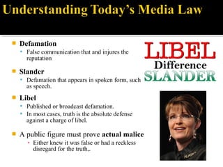  Defamation
 False communication that and injures the
reputation
 Slander
 Defamation that appears in spoken form, such
as speech.
 Libel
 Published or broadcast defamation.
 In most cases, truth is the absolute defense
against a charge of libel.
 A public figure must prove actual malice
▪ Either knew it was false or had a reckless
disregard for the truth,.
 