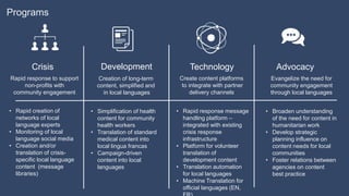 Programs
Crisis Development Technology
Rapid response to support
non-profits with
community engagement
Creation of long-term
content, simplified and
in local languages
Create content platforms
to integrate with partner
delivery channels
Advocacy
Evangelize the need for
community engagement
through local languages
• Simplification of health
content for community
health workers
• Translation of standard
medical content into
local lingua francas
• Campaign-driven
content into local
languages
• Rapid creation of
networks of local
language experts
• Monitoring of local
language social media
• Creation and/or
translation of crisis-
specific local language
content (message
libraries)
• Rapid response message
handling platform –
integrated with existing
crisis response
infrastructure
• Platform for volunteer
translation of
development content
• Translation automation
for local languages
• Machine Translation for
official languages (EN,
• Broaden understanding
of the need for content in
humanitarian work
• Develop strategic
planning influence on
content needs for local
communities
• Foster relations between
agencies on content
best practice
 