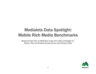 Medialets Data Spotlight:
Mobile Rich Media Benchmarks
 Based on data from on Medialets in-app rich media campaigns on
   iPhone, iPad and Android during January and February 2011




                               1
 