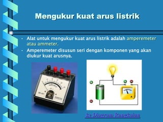 Mengukur kuat arus listrik
• Alat untuk mengukur kuat arus listrik adalah amperemeter
atau ammeter.
• Amperemeter disusun seri dengan komponen yang akan
diukur kuat arusnya.
ke Diagram Rangkaian
 